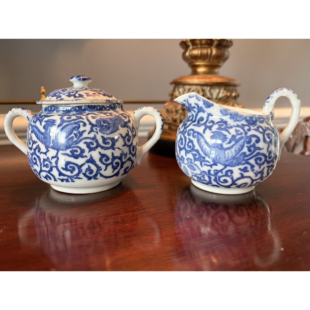 Vintage Blue and White Flying Phoenix Creamer and Sugar Bowl Set with Lid